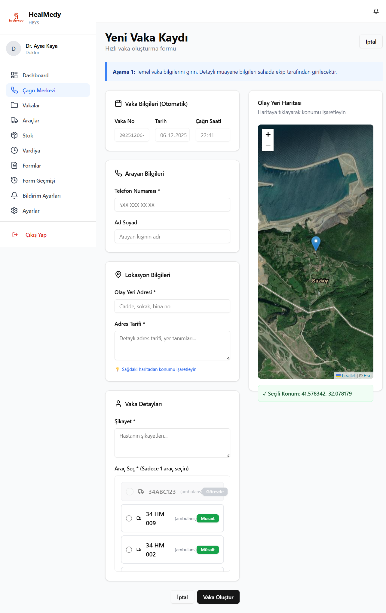 Çağrı Merkezi - Yeni Vaka Oluşturma